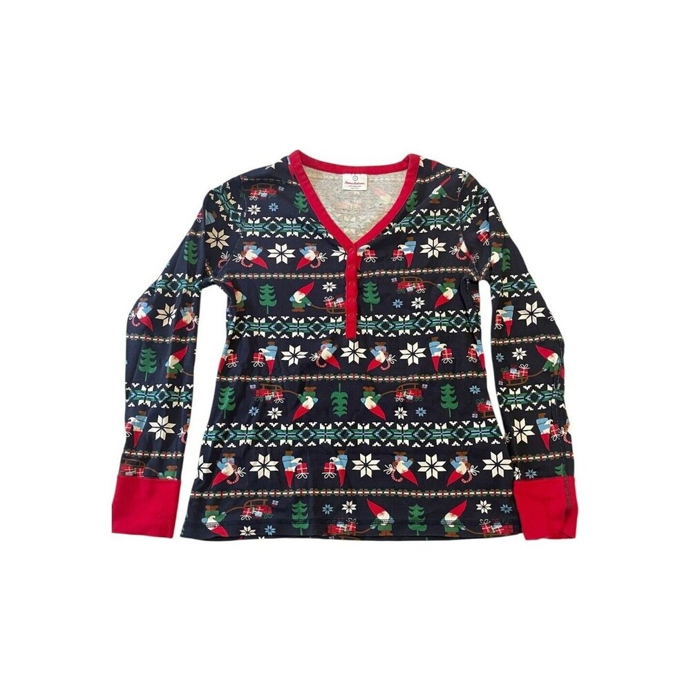 Hanna Andersson Sleep Top Womens L Gnome Holiday Pajama Long Sleeve Navy Red